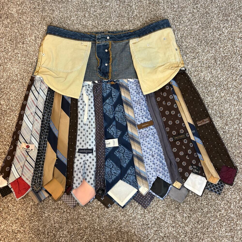 Vintage Handmade Upcycled Neck Tie Denim Jeans Skirt Boho Maximalist 12 - Picture 10 of 16